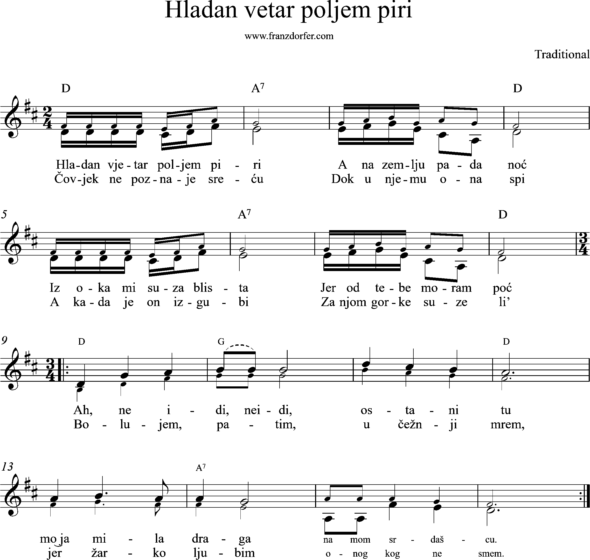 leadsheet, D-Major, hladan vetar poljem piri